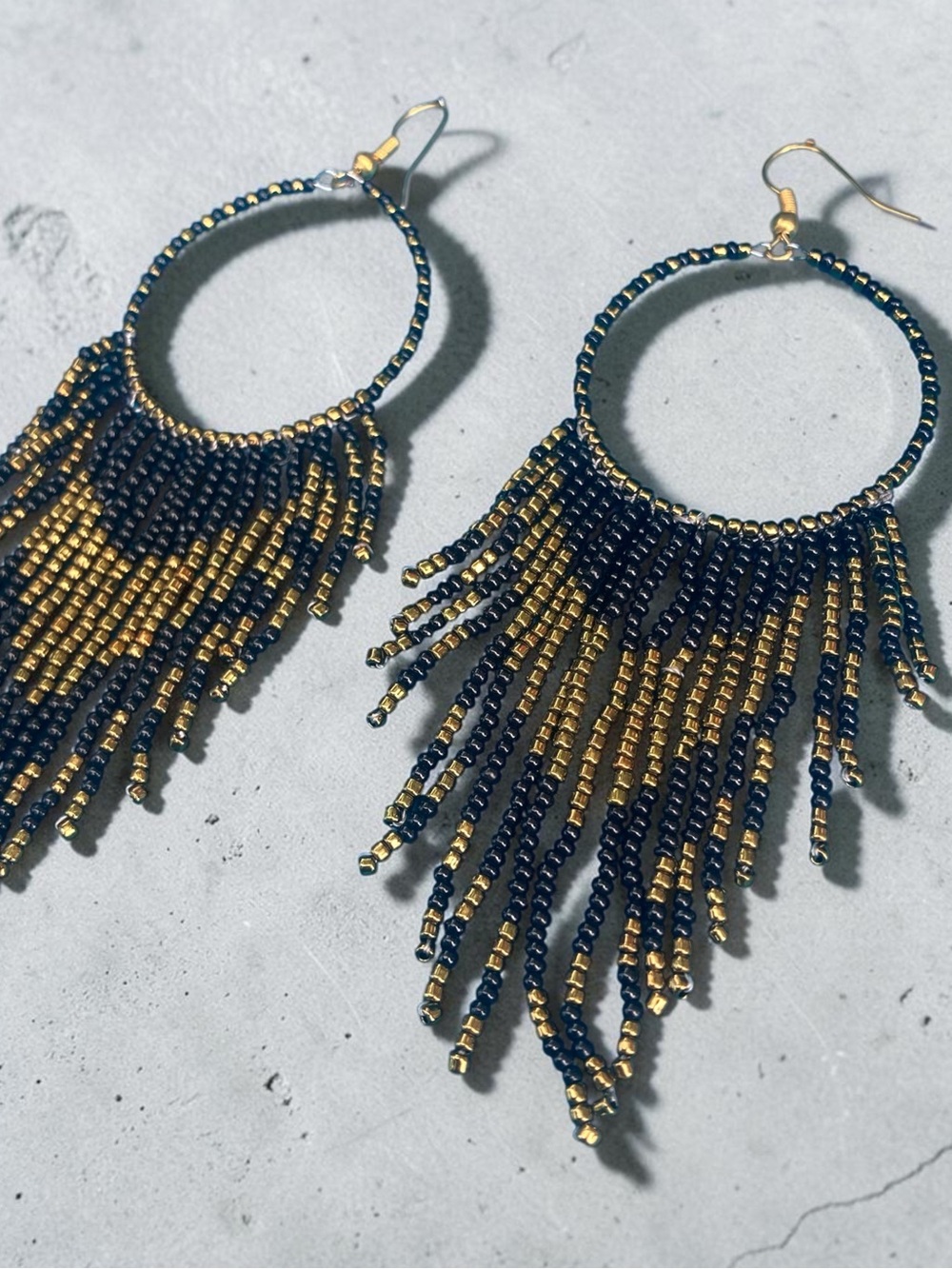 Handmade black and Gold Beaded Fringe Hoop Earrings